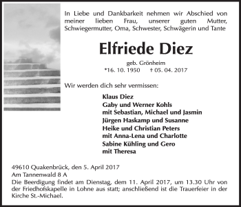 Anzeige von Elfriede Diez von OM-Medien