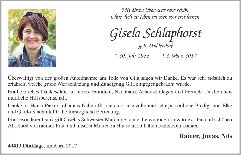 Traueranzeigen von Gisela Schlaphorst | om-trauer.de