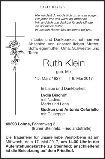 Anzeige von Ruth Klein von OM-Medien