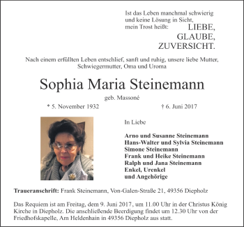 Anzeige von Sophia Maria Steinemann von OM-Medien