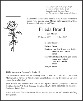 Anzeige von Frieda Brand von OM-Medien