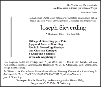 Anzeige von Joseph Sieverding von OM-Medien