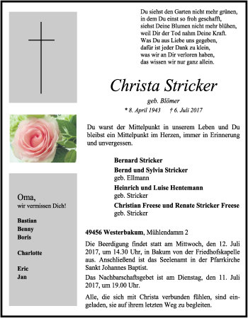 Anzeige von Christa Stricker von OM-Medien