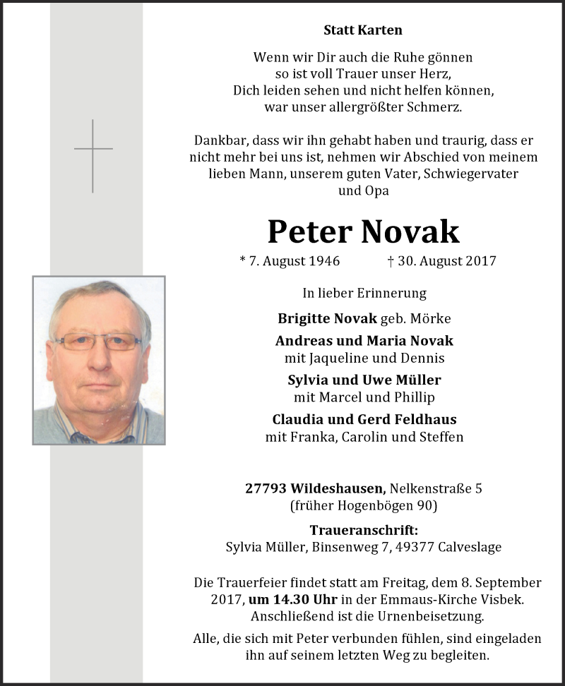  Traueranzeige für Peter Novak vom 04.09.2017 aus OM-Medien