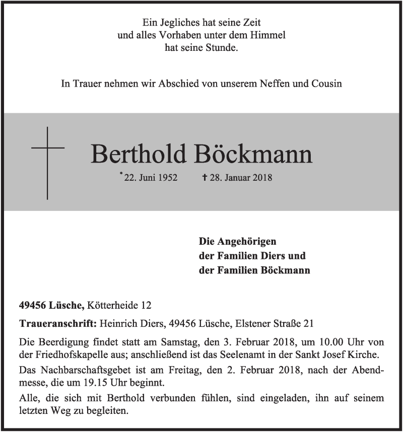  Traueranzeige für Berthold Böckmann vom 30.01.2018 aus OM-Medien