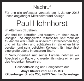 Anzeige von Paul Hohnhorst von OM-Medien