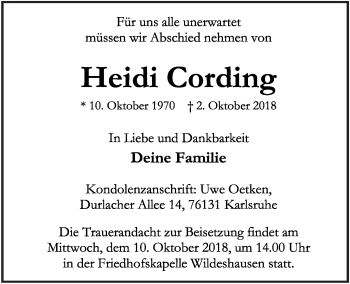 Anzeige von Heidi Cording von OM-Medien