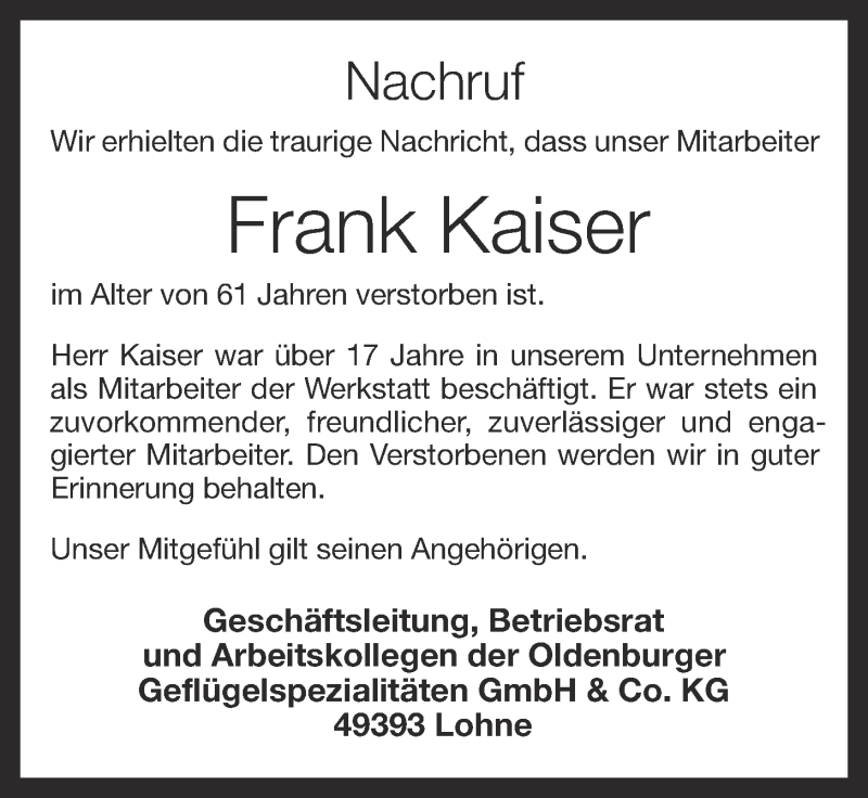 Traueranzeigen von Frank Kaiser | om-trauer.de