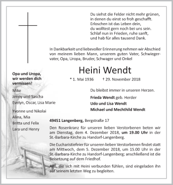 Anzeige von Heini Wendt von OM-Medien