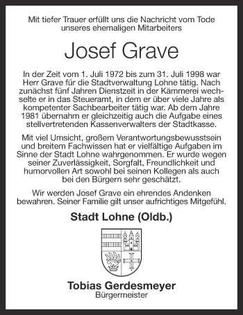 Anzeige von Josef Grave von OM-Medien