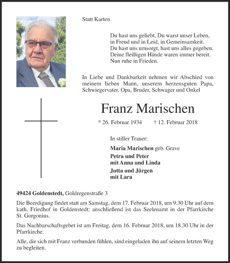  Traueranzeige für Franz Marischen vom 14.02.2018 aus OM-Medien