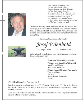 Anzeige von Josef Wienhold von OM-Medien