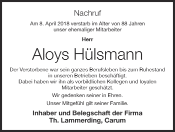 Anzeige von Aloys Hülsmann von OM-Medien