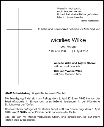 Anzeige von Marlies Wilke von OM-Medien