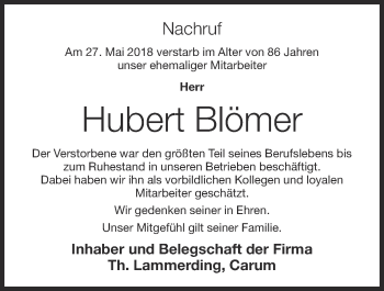 Anzeige von Hubert Blömer von OM-Medien