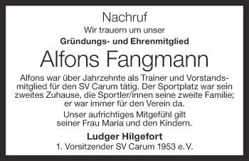 Anzeige von Alfons Fangmann von OM-Medien