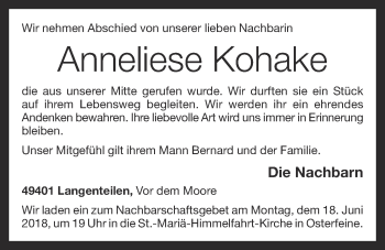 Anzeige von Anneliese Kohake von OM-Medien