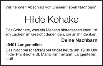 Anzeige von Hilde Kohake von OM-Medien