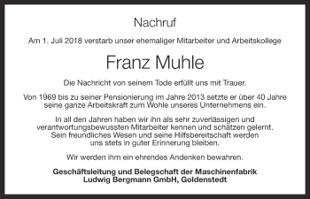 Anzeige von Franz Muhle von OM-Medien