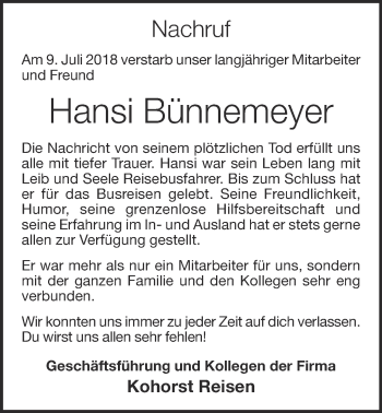 Anzeige von Hansi Bünnemeyer von OM-Medien