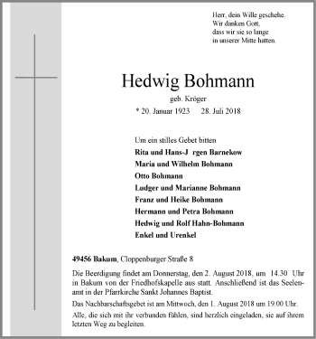 Anzeige von Hedwig Bohmann von OM-Medien