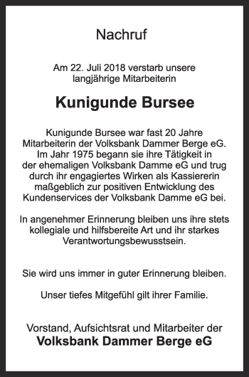 Anzeige von Kunigunde Bursee von OM-Medien