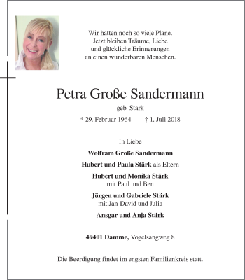 Anzeige von Petra Große Sandermann von OM-Medien