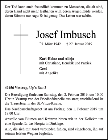 Anzeige von Josef Imbusch von OM-Medien