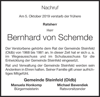 Anzeige von Bernhard von Schemde von OM-Medien