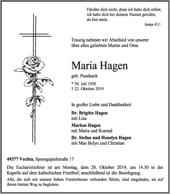 Anzeige von Maria Hagen von OM-Medien