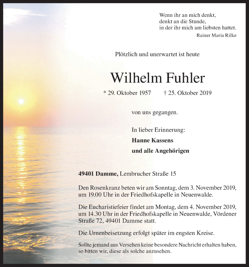  Traueranzeige für Wilhelm Fuhler vom 30.10.2019 aus OM-Medien