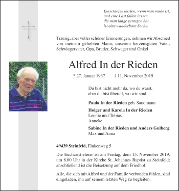 Anzeige von Alfred In der Rieden von OM-Medien