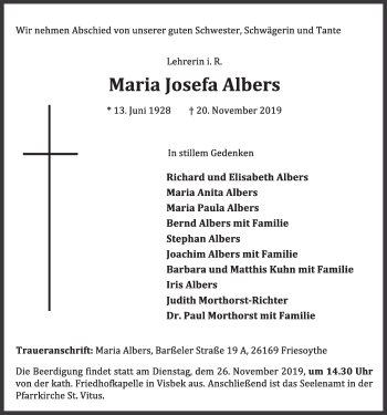 Anzeige von Maria Josefa Albers von OM-Medien