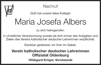 Anzeige von Maria Josefa Albers von OM-Medien