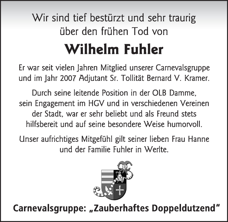  Traueranzeige für Wilhelm Fuhler vom 01.11.2019 aus OM-Medien