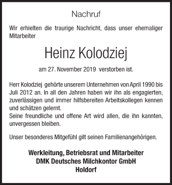 Anzeige von Heinz Kolodziej von OM-Medien