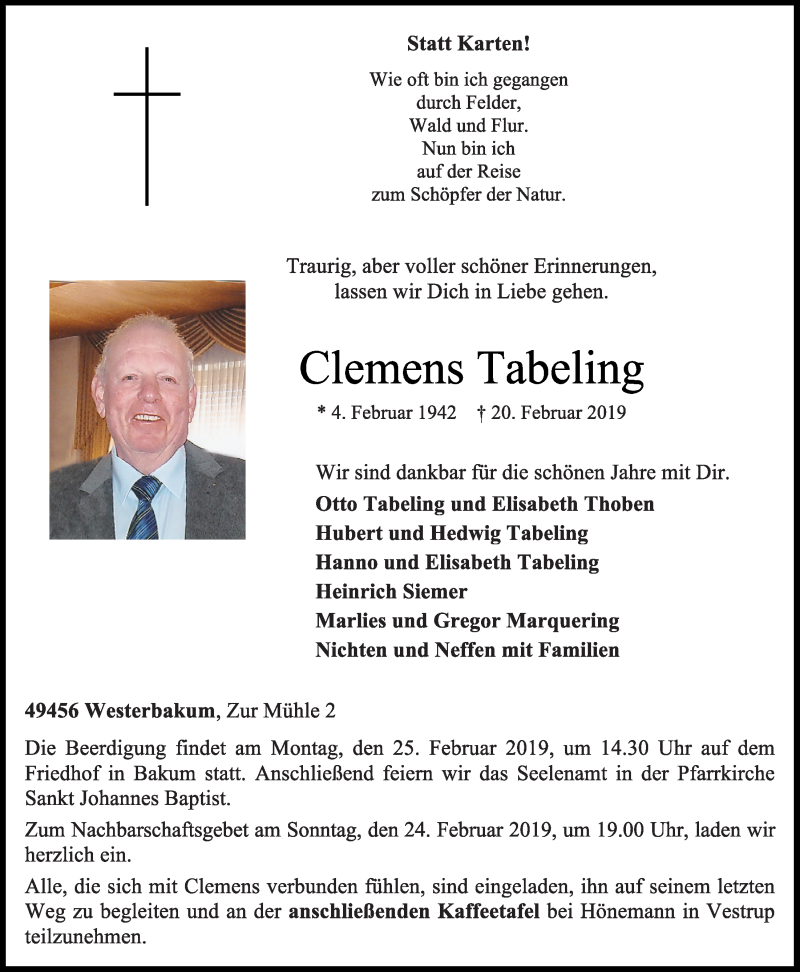  Traueranzeige für Clemens Tabeling vom 22.02.2019 aus OM-Medien