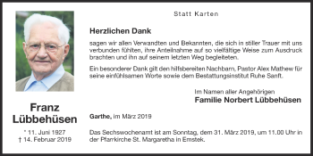 Anzeige von Franz Lübbehüsen von OM-Medien