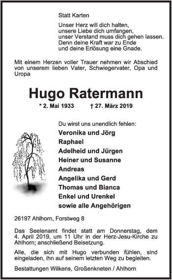 Anzeige von Hugo Ratermann von OM-Medien