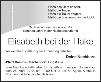 Anzeige von Elisabeth bei der Hake von OM-Medien