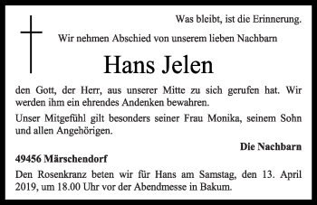 Anzeige von Hans Jelen  von OM-Medien