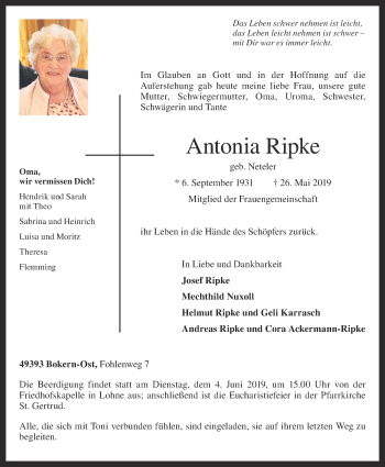 Anzeige von Antonia Ripke von OM-Medien