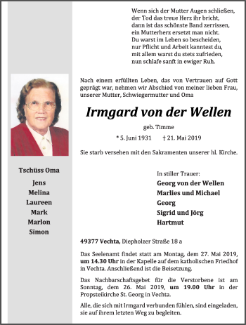 Anzeige von Irmgard von der Wellen von OM-Medien