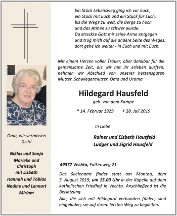 Anzeige von Hildegard Hausfeld von OM-Medien