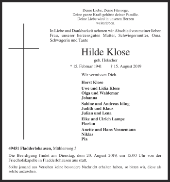 Anzeige von Hilde Klose von OM-Medien