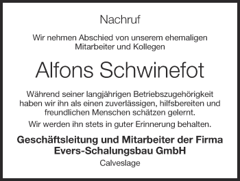 Anzeige von Alfons Schwinefot von OM-Medien