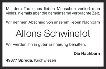 Anzeige von Alfons Schwinefot von OM-Medien