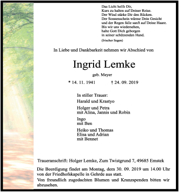 Anzeige von Ingrid Lemke von OM-Medien