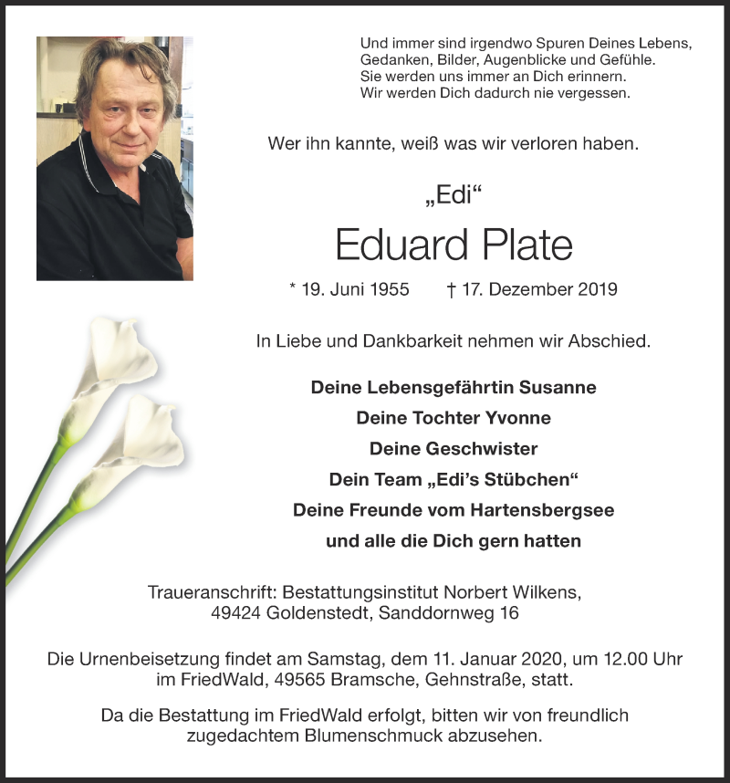  Traueranzeige für Eduard Plate vom 08.01.2020 aus OM-Medien