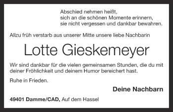 Anzeige von Lotte Gieskemeyer von OM-Medien